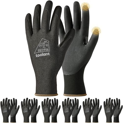 Image of toolant 6 Pairs Work Gloves MicroFoam Nitrile Coated, 15 Gauge Breathable Nylon with Grip in Wet & Oily Condition, Touchscreen, Certified Working Gloves Bulk for Gardening,Warehouse,Automotive,Black,L
