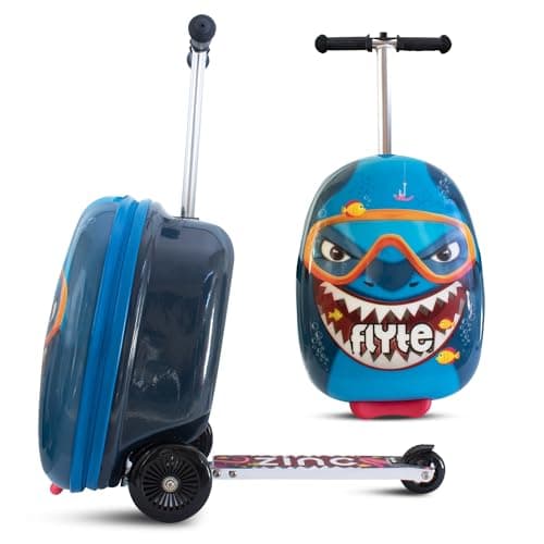 Image of Flyte Scooter Suitcase Stormy The Shark - 2-in-1, 18 Inch Ride on Children's Luggage, 25 Litre Capacity Kids Suitcases on Wheels for Boys and Girls Aged 4+, Foldable Waterproof Kids Suitcase