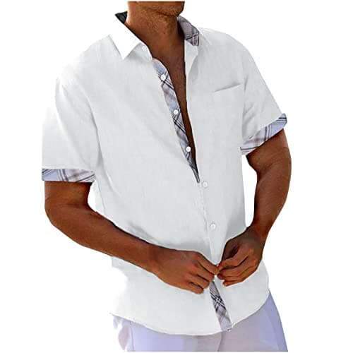 Image of Men's Linen Shirts Short Sleeve Casual Shirts Button Down Shirt for Men Beach Summer Wedding Shirt Casual Hawaiian Tees Tops Trendy Vacation Outfits with Pocket