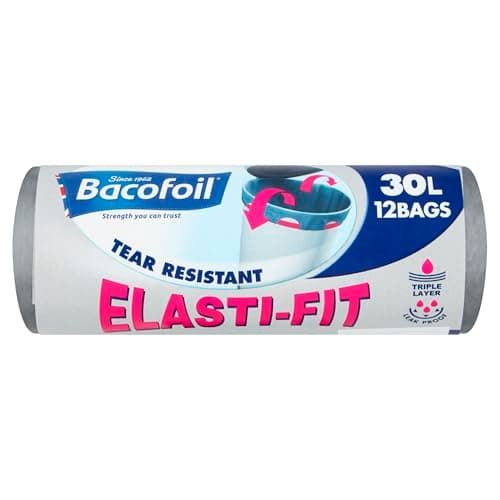 Image of Bacofoil Elasti-Fit Kitchen Bin Liners With Elastic Tie Handles, 30L X 12 Bags