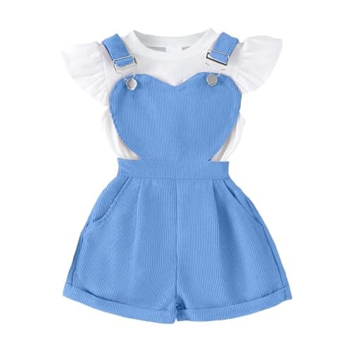 Image of QUNERY Toddler Baby Girl Clothes Round neck Top Sleeves Solid Color Heart-Shaped Suspender Shorts Sets blue 4-5 years