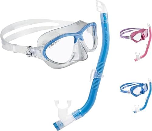 Image of Cressi Moon Kid Junior Snorkel Set - Adjustable Silicone Mask & Kids Swimming Goggles - Impact-Resistant Tempered Glass Swim Goggles - Anti-Splash Dry-Top Snorkel - Blue