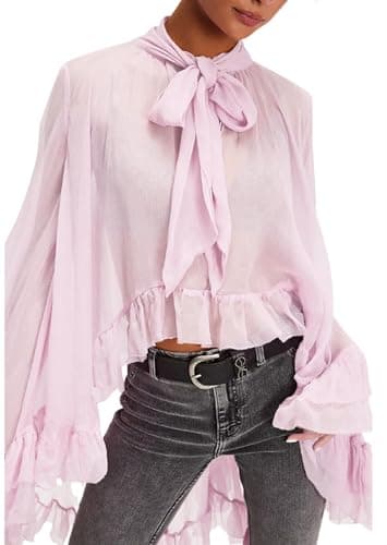 Image of FeMereina Women Long Bell Sleeve Frill Top See Through Sheer Mesh Blouse High Low Hem Ruffled Sexy Flowy Tops Shawl Shirt (Light Purple, M)