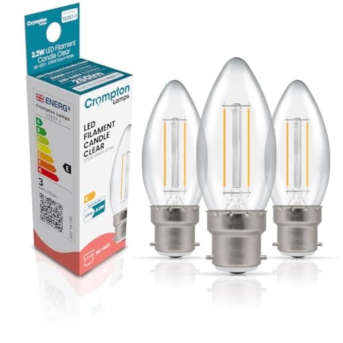 Image of Crompton Lamps Filament Candle LED Light Bulb BC-B22d | 2.2W = 25W Equivalent | Warm White 2700K | Energy Efficient | Bayonet Lightbulb | Long Life 15000-Hrs | Clear Glass | Dimmable | 3-Pack