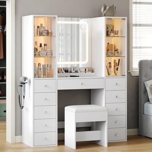 Image of FUSOU Dressing Table with 11 Drawers & 2 Large Storage Cabinets, Adjustable Glass Shelf, Dressing Table with Mirror and Stool, Vanity with Glass Top and Power Outlet, Vanity Desk for Bedroom, White
