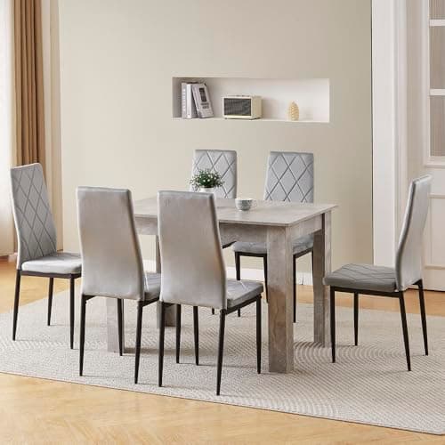 Image of Menaka Dining Table and Grey Velvet Set of 6 for Small Space, 7 pieces Kitchen Rectangular Wood Table with 6 Chairs Set Space-saving for Home Restaurant Dorm