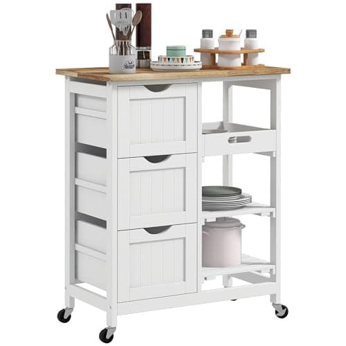 Image of HOMCOM Rolling Kitchen Island Cart, Bar Serving Cart, Compact Trolley on Wheels with Wood Top, Shelves & Drawers for Home Dining Area, White