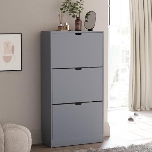Image of Vida Designs Shoe Cabinet, Wooden Shoe Storage Unit with 3 Flip Drawers, Multifunctional Dust-Proof Space-Saving Slim Cupboard for Hallway or Entryway, 100% FSC Certified (Grey)