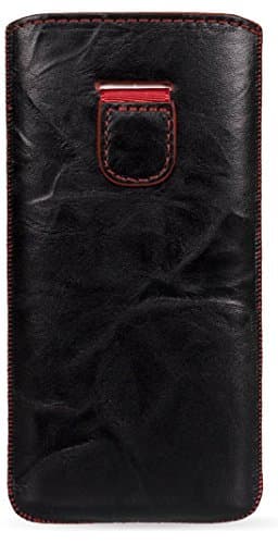 Image of MediaDevil HTC One M8 Leather Pouch Case with Pull-Tab (Black/Red) - Artisanpouch