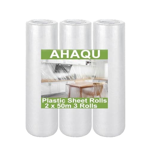 Image of AHAQU 3 Roller Plastic Dust Sheets for Decorating, 2 x 50m/6.5 x 164ft Large Plastic Sheet Rolls, Waterproof Polythene Sheeting Roll for Painting Covering, Furniture & Floor Protection