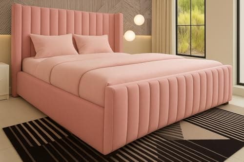 Image of Luxury Chesterfield Winged Panel Bed Frame |- Double King Superking Sizes - Optional Gas Lift & Mattress - UK Made (Pink Plush, King 5ft Bed Frame)