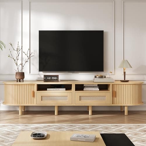 Image of BTM TV Stand with 2 Rattan Drawer and 2 Sliding Doors,Oval TV Cabinet Storage Sideboard with Rounded Corners for livingroom, 170 * 40 * 40cm, Oak,MDF, weight capacity 30kg, suitable for 70inch TV