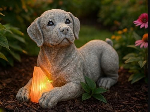 Image of Garden Mile Solar Dog Statue, Outdoor Labrador Puppy Figurine with LED Shoe, Stone Effect Resin Garden Ornament, Weatherproof Solar Powered Light, Gift for dog Lovers