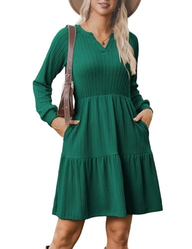 Image of Zeagoo Autumn Dresses for Women UK 2025 Long Sleeve V Neck Textured Casual Lightweight Tiered Ruffle A-Line Mini Babydoll Dress Green M