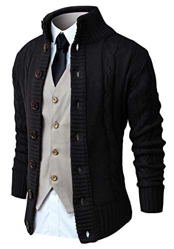 Image of NITAGUT Men's Cardigans Long Sleeve Stand Collar Sweaters Button Down Cable Knitted Sweater(Black,XL)