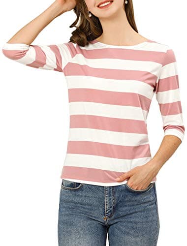 Image of Allegra K Women's Elbow Sleeves Top Casual Boat Neck Slim Fit Stripe T-Shirt Pink White 16