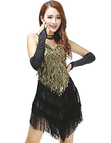 Image of Grouptap Womens gold flapper gatsby sequin tassel ballroom dance sling skirt and latin salsa tango samba cha cha rumba dress (Gold Black, UK 6-12)