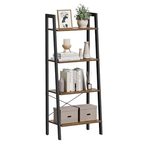 Image of VASAGLE Ladder Shelf, Bookshelf, 4-Tier Industrial Storage Rack for Living Room, Bedroom, Kitchen, Rustic Brown and Black LLS44X
