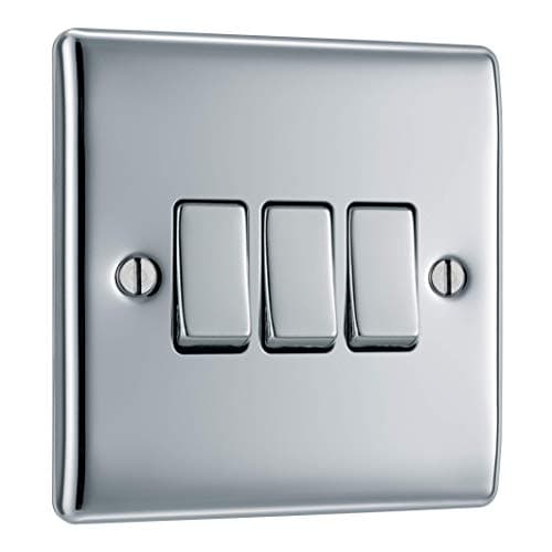 Image of BG Electrical Triple Wall Light Switch, 2 Way, Raised and Slim Profile, Round Edges, Nexus Metal, Polished Chrome, 20A, 16AX, NPC43