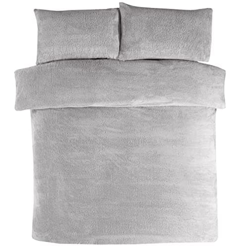 Image of Sleepdown Teddy Fleece Duvet Cover Quilt Bedding Set with Pillow Cases Thermal Warm Cosy Super Soft - King - Grey