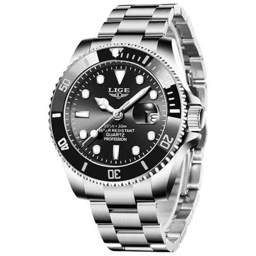 Image of LIGE Mens Watches, Quartz Analogue Watches for Men, Stainless Steel 3ATM Water Resistance, Luminous Hands with Date Function, Classic Simple Style, Casual Fashion Accessories, Black