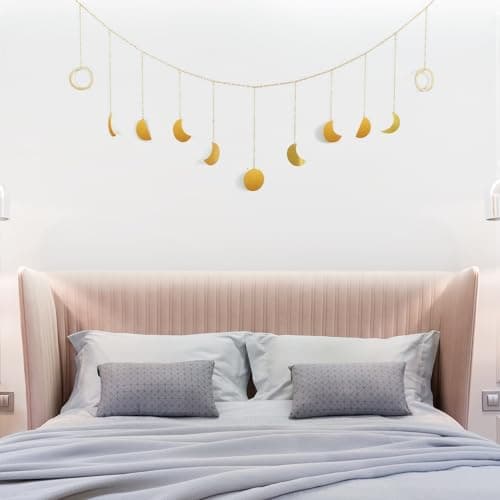 Image of SwirlColor Moon Phases Wall Hanging, Gold Shining Metal Moon Phase Garland Boho Wall Decor Aesthetic Wall Hanging Decoration for Bedroom Living Room Nursery Room