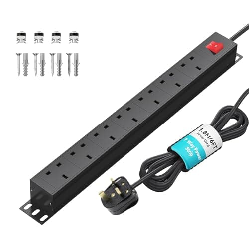 Image of Extension Lead Surge Protection 7 Way Power Strip with Switch, Multi Plug Socket Horizontal 13amp PDU Power Distribution Unit, Rack Mount Power Outlets Wall Mount Power Strip, 1,8M Cable