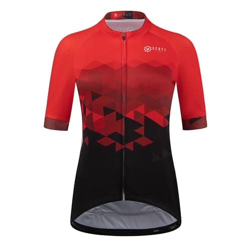 Image of GCRFL Women's Cycling Jersey Short Sleeves Cycle Tops Shirt Bicycle Jersey With 4 Pockets, Women Bike Jersey Zipper Pocket, Red, S