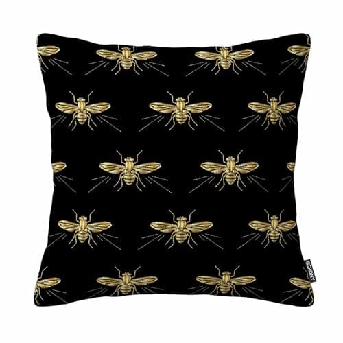 Image of GSRONY Bee Throw Pillow Covers Gold Fly Bee on Black Insect Cushion Pillow Case Home Decor Pillowcase 18x18 Inches