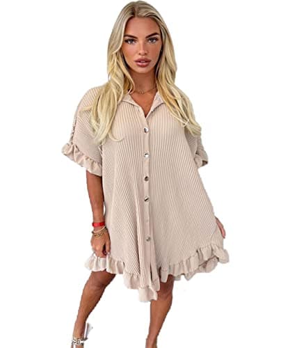 Image of eyes Women’s Gold Button Pleated Short Sleeve Plain Collared Frill Hem Ladies Casual Loose Fit Oversized Baggy Plus Size Swing Summer Dresses for Women Sone One Size 8-22