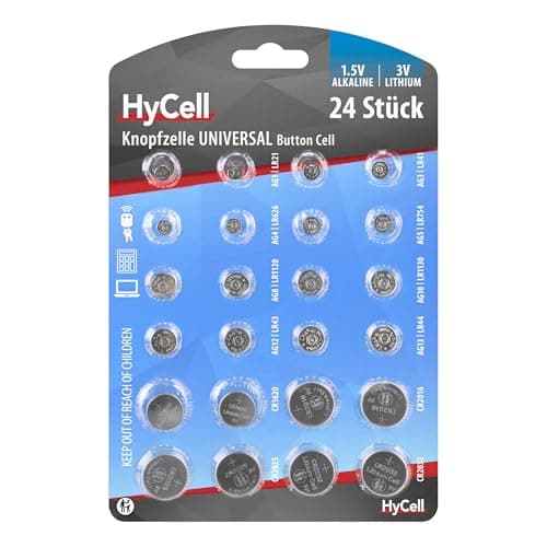 Image of HYCELL Alkaline & Lithium Button Cells [Assorted Multipack of 24] Incl 2 of CR1620/CR2016/CR2025/CR2032/LR41/LR43/LR44/LR626/LR621/LR754/LR1120/LR1130 Coin Cells ideal for Watches, Car Keys, Toys etc