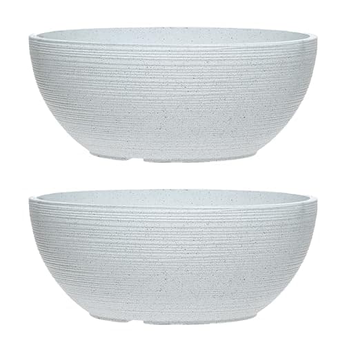 Image of simpa Grooved Speckle Bowl Pot Plastic Planter - Suitable for Indoor or Outdoor Use - 13cm (H) x 35cm (Dia) (2, White)