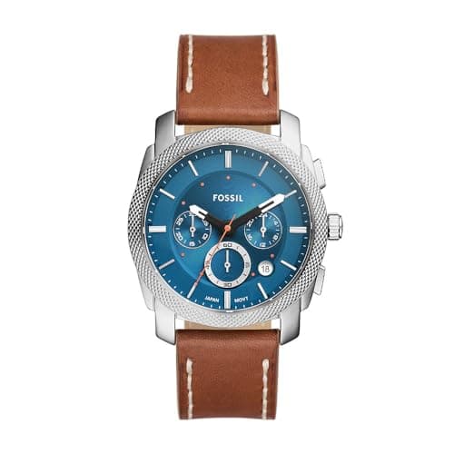 Image of FOSSIL Machine Watch for Men, Chronograph movement with Stainless steel or Leather strap, Brown and Blue, 42 mm