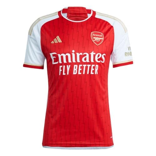 Image of adidas Men's Soccer Arsenal 23/24 Home Jersey - Celebratory Fan Jersey with Lightning Bolts and Gold Details, Better Scarlet / White, Medium