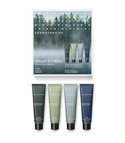 Image of Skandinavisk Wood & Water Giftset of 4 Mini Handcreams. SKOG 'Forest', FJORD, ØY 'Island' and HAV 'Sea'. Vegan Formula, 30 ml x 4