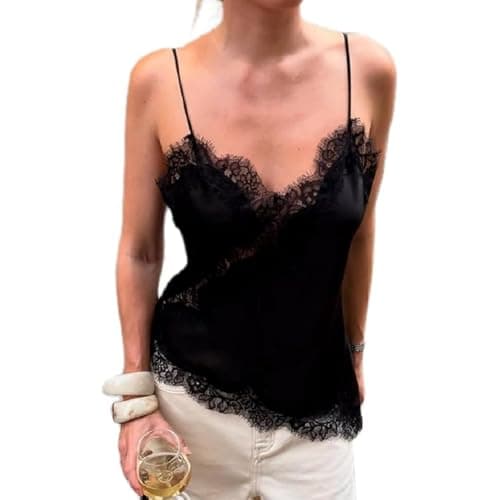 Image of BABWWNIX Women's Lace Trim Satin Tank Top Spaghetti Strap Silk Cami Tops Y2k Asymmetrical Going Out Camisole Shirts Streewear (Black, S)