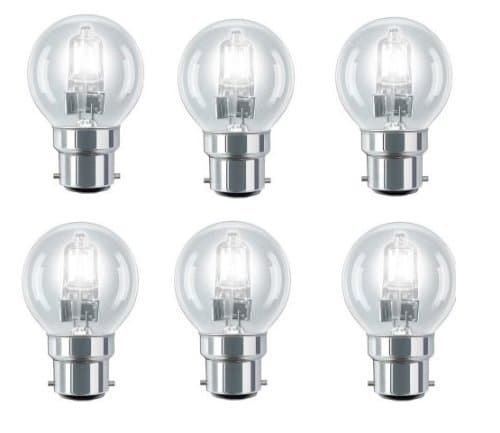 Image of Status, Tesco, GE, Sylvania 6 Pack Eco Halogen Mini Globes 28W (=35W-40W) BC B22 B22d Classic Clear Round Energy Saver Light Bulbs, Bayonet Cap, Golf Ball Dimmable Lamps, 340-370 Lumen, Mains 240V