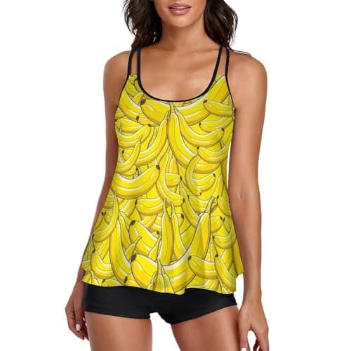 Image of peiyeety Bananas Pattern Swimsuits Tankini Set Woman Sexy Split Swimwear Suits Tummy Control Beach Bathing Suit Top Bottoms Yellow