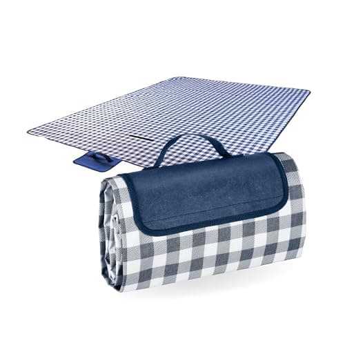 Image of Straame Waterproof Picnic Blanket – Large 200x140cm Foldable Outdoor Blanket with Carry Handle – Ideal for Camping, Beach, Garden & Festivals – Timeless Gingham Design (Blue)