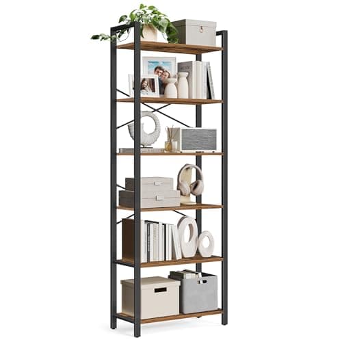 Image of VASAGLE 6-Tier Bookshelf, Bookcase, Shelving Unit, for Office, Study, Living Room, Bedroom, 30 x 66 x 186 cm, Industrial, Rustic Brown and Ink Black LLS062B01