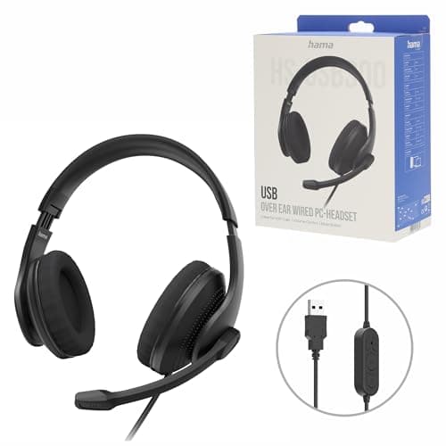 Image of Hama HS-USB300 V2 Black Over Ear PC Headset with Microphone, Wired, USB A Port, Aux, 2 m Audio Cable, Volume Control, Mute Button, Comfortable Ear Cups, Flexible Microphone Arm, 30 grams, Black