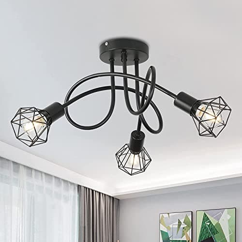 Image of Beleben 3 Way Black Kitchen Ceiling Light Retro Spotlight Fitting Metal Cage Design Industrial Chandeliers Flush Mount Fixture with E14 Base for Living Room Hallway Lounge (Bulbs Not Included)