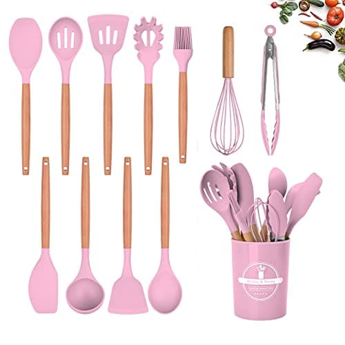 Image of FIOUSY Kitchen Utensil Set, 12 PCS Silicone Cooking Utensils Set with Wooden Handle, Heat Resistant, Nonstick Cookware Tongs Spatula Spoon Set, Dishwasher Safe, Best Kitchen Tools (Pink)