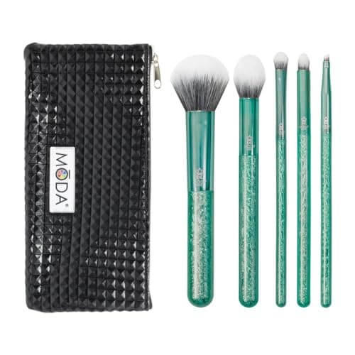 Image of MODA Royal & Langnickel Full Size Crackle 6pc Makeup Brush Set with Pouch Includes - Multi-Purpose Powder, Contour, Eye Shader, Smoky Eye, and Angle Liner, Emerald