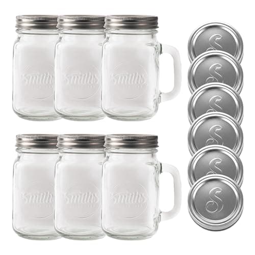 Image of Smiths Mason Jars with Handle - 16oz/473ml Glass Mason Cup Jars with Handles and Lids (6 Pack) - Smoothie Glasses, Overnight Oats Jar, Iced Coffee, Milkshake & Cocktail Mugs