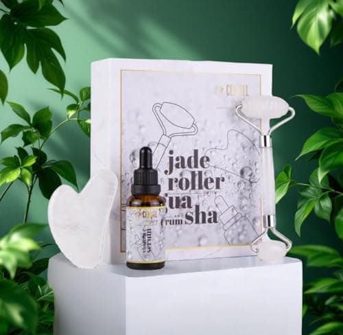 Image of 100% Real Crystal Jade Stone Roller and Gua Sha Set with Vitamin C Serum | Great for Eye Puffiness Treatment, Skin Tightening, Anti Aging, Rejuvenate Face & Neck | Great Gift for Women & Men (Crystal)