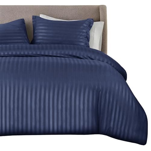 Image of QATAN Premium Hotel Quality Satin Stripe Duvet Cover Set with Pillowcases | Reversible Hypoallergenic Soft Quilt Bedding | Easy Care Breathable Luxury Linen (Navy, Double)
