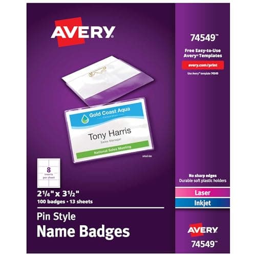Image of Avery Customizable Name Badges, Pin Style, 2.25" x 3.5", Clear Name Tag Holders, White Laser/Inkjet Printable Inserts, 100 Total (74549)