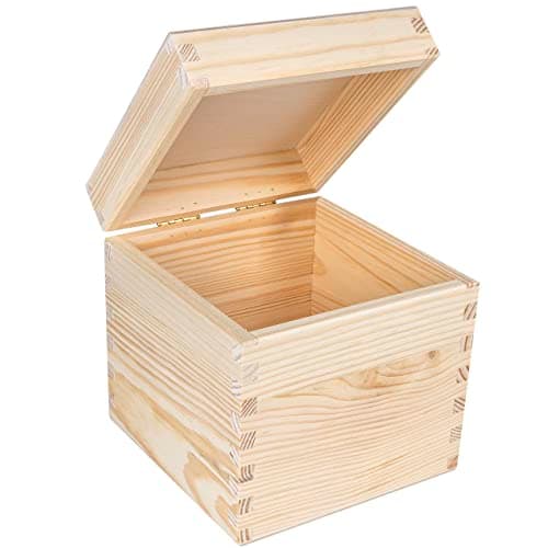 Image of Creative Deco Square Wooden Storage Box Cube | 16x16x16cm (+/- 1cm) | Hinged Lid No Handles | Plain Unpainted & Unfinished Gift Box | Easter Jewellery Box Keepsake Trinket Chest Treasure