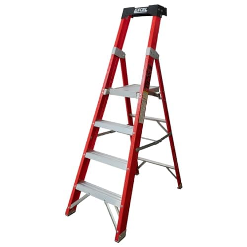 Image of Excel Electricians Fibreglass StepLadder 3/4/5/6/8 Tread EN131 - Heavy Duty 6 Treads ladder, foldable ladder, folding stepladder, lightweight stepladder, fibreglass step ladder (4 Tread, Red Color)